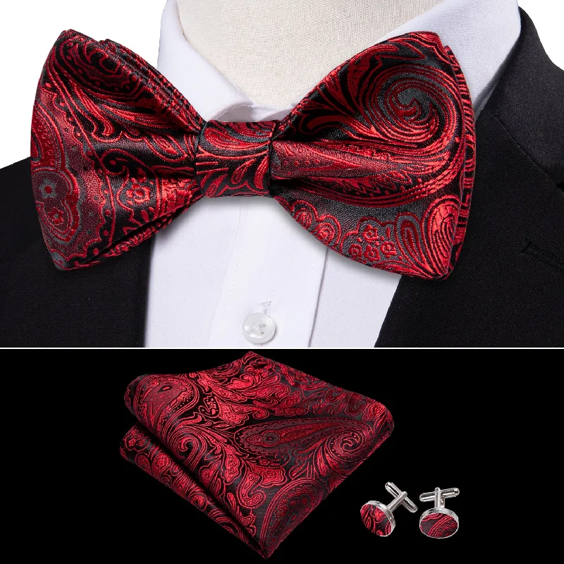 Men's tie with modern textured design for office wear-Barry Wang Black Red Paisley Self Tie Silk Bow Tie Hanky Cufflinks Set