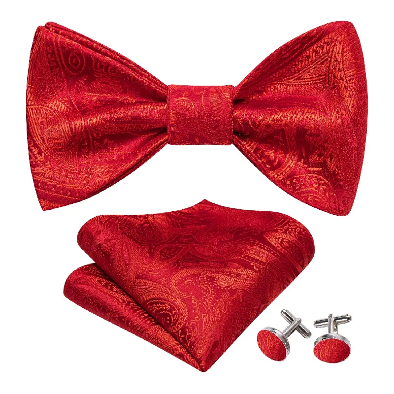 Designer tie for upscale wedding events-Strong Red Paisley Silk Bow Tie Hanky Cufflinks Set