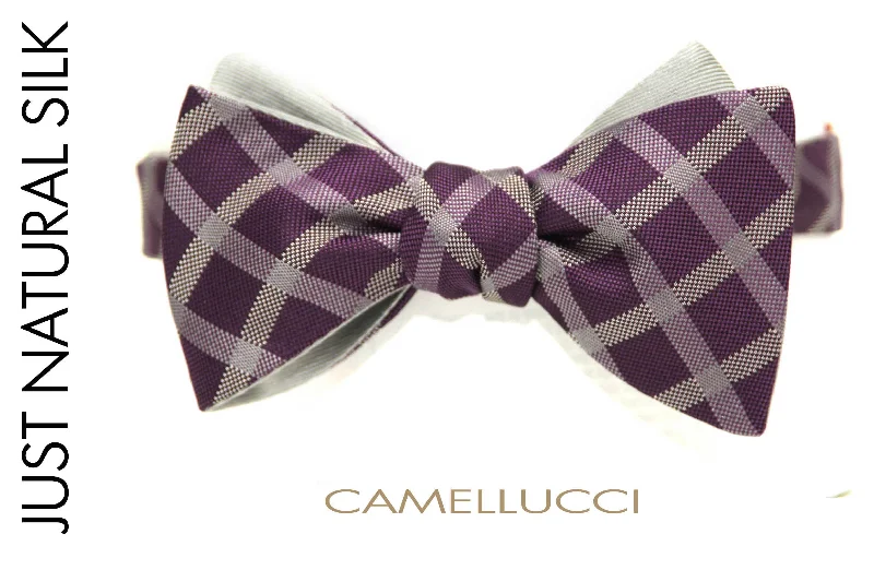 Men's tie with bold stripes for casual office wear-Purple plaid Grey Reversible Self-Tie Bow Tie