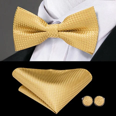 Men's tie with subtle diagonal stripes for office events-Golden Yellow Plaid Pre-tied Bow Tie Pocket Square Cufflinks Set