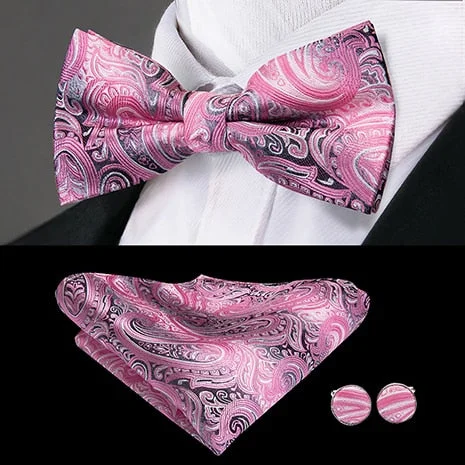 Best men's tie with sleek design for upscale meetings-Pink Grey Paisley Pre-tied Bow Tie Pocket Square Cufflinks Set