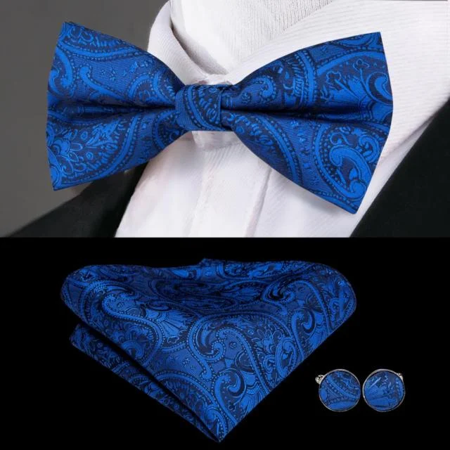 Men's tie with bold hues for professional wear-Navy Blue Paisley Pre-tied Bow Tie Pocket Square Cufflinks Set