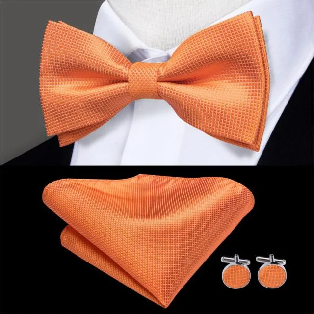 Stylish men's tie with vibrant patterns for special events-Orange/Purple/Gold Solid Pre-tied Bow Tie Pocket Square Cufflinks Set