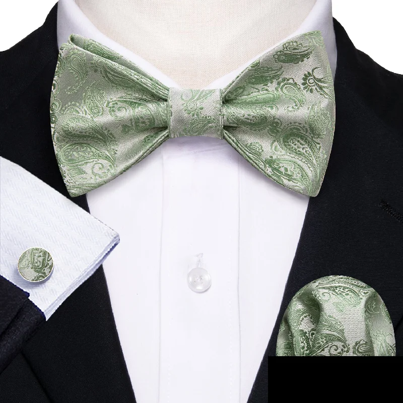 Men's tie with smooth silk texture for office wear-Green Silver Paisley Silk Bow Tie Hanky Cufflinks Set