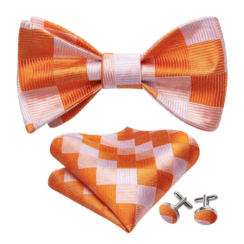 Men's tie with smooth satin finish for formal wear-Orange White Plaid Silk Bow Tie Hanky Cufflinks Set