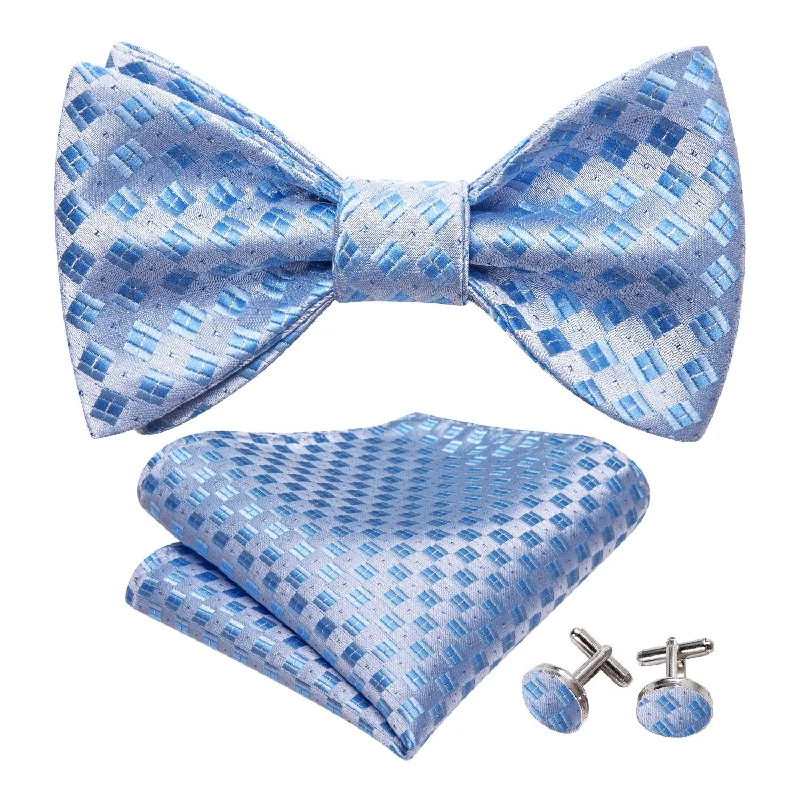 Men's tie for stylish office wear with vibrant hues-Barry Wang Mens Blue Ties White Plaid Silk Bow Tie Hanky Cufflinks Set