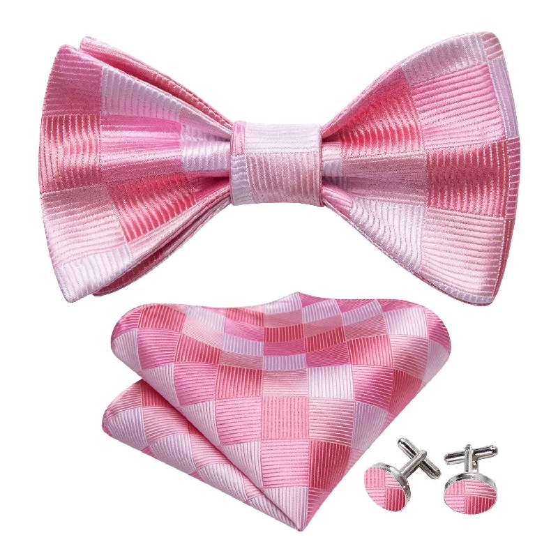 Elegant men's tie with floral motifs for corporate wear-Pink Plaid Silk Bow Tie Hanky Cufflinks Set