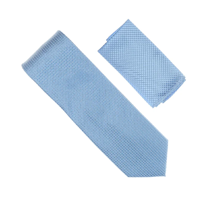 Classic men's tie with thin stripes for business wear-Baby Blue Micro-Grid Extra Long Necktie with Matching Pocket Square