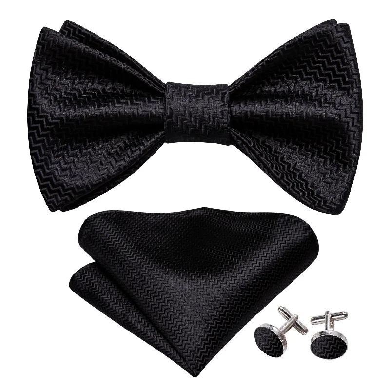 Men's tie for corporate events with modern design-Barry Wang Black Bow Tie Men Silk Geometric Bowtie Hanky Cufflinks Set