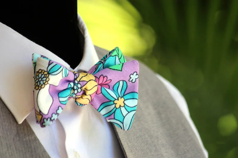 Elegant silk tie for men with smooth texture-Lavender Green Yellow Turquoise Floral Self-Tie Bow Tie