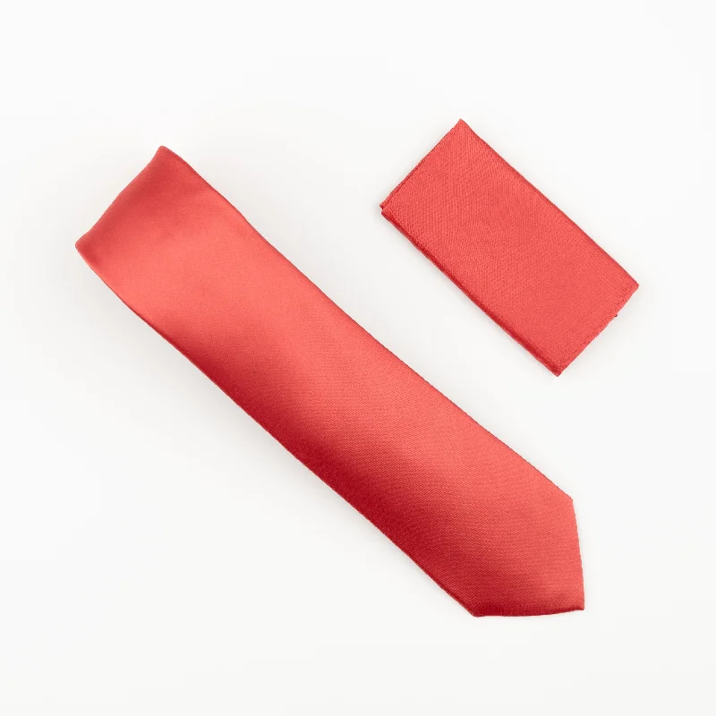 Men's tie for casual business attire-Coral Satin Finish Silk Necktie with Matching Pocket Square