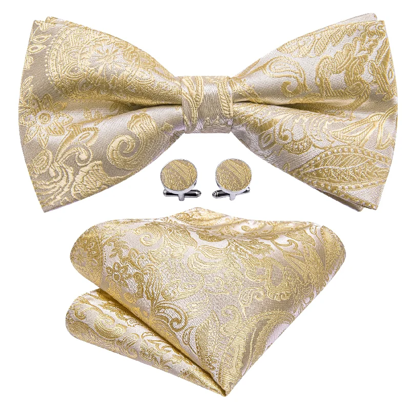 Designer men's tie with creative pattern for upscale events-Cream Color Paisley Pre-tied Bow Tie Hanky Cufflinks Set