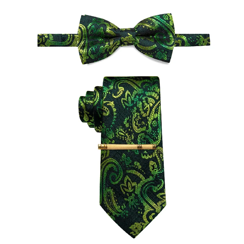 Men's tie with vintage design for a classy look-YourTies Dark Green Paisley Pre-tied Bowtie and Necktie with Golden Tie Clip Set