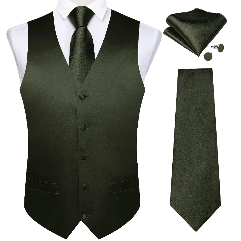 Men's tie with fine fabric texture for formal events-Dark Green Solid Satin Waistcoat Vest Tie Handkerchief Cufflinks Set