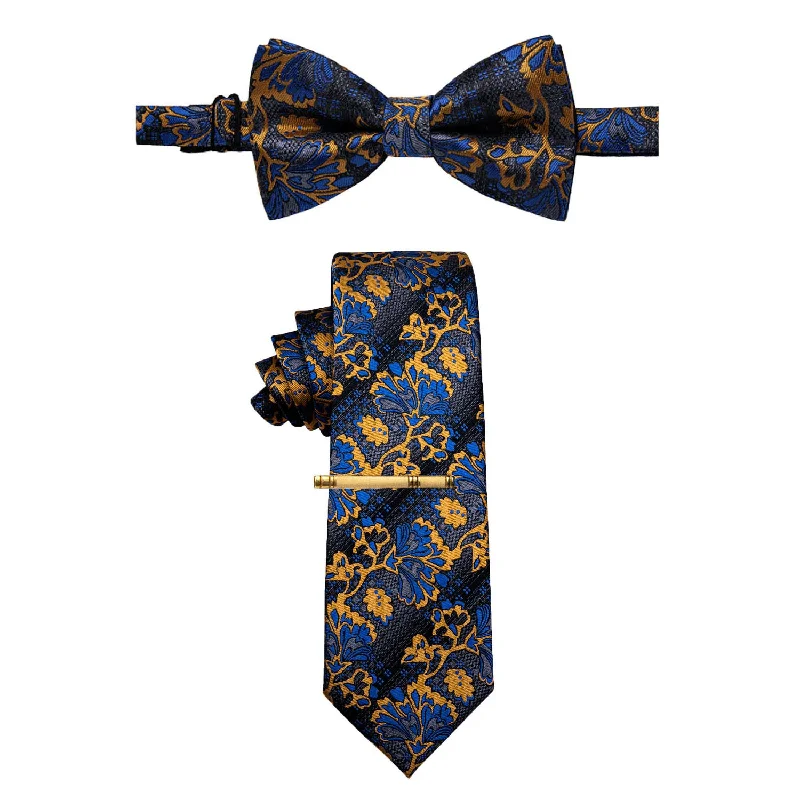 Classic men's tie with subtle color palette-YourTies Dark Grey Blue Floral Pre-tied Bowtie Necktie Golden Clip Set