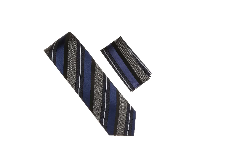 Men's tie for holiday dinners with bold color contrasts-Dark Navy, Silver, Gray & Black Striped Necktie with Matching Pocket Square