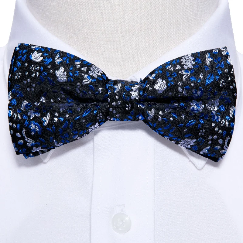 Men's tie with fine fabric for weddings and formal events-Deep Blue Floral Bow Tie Set