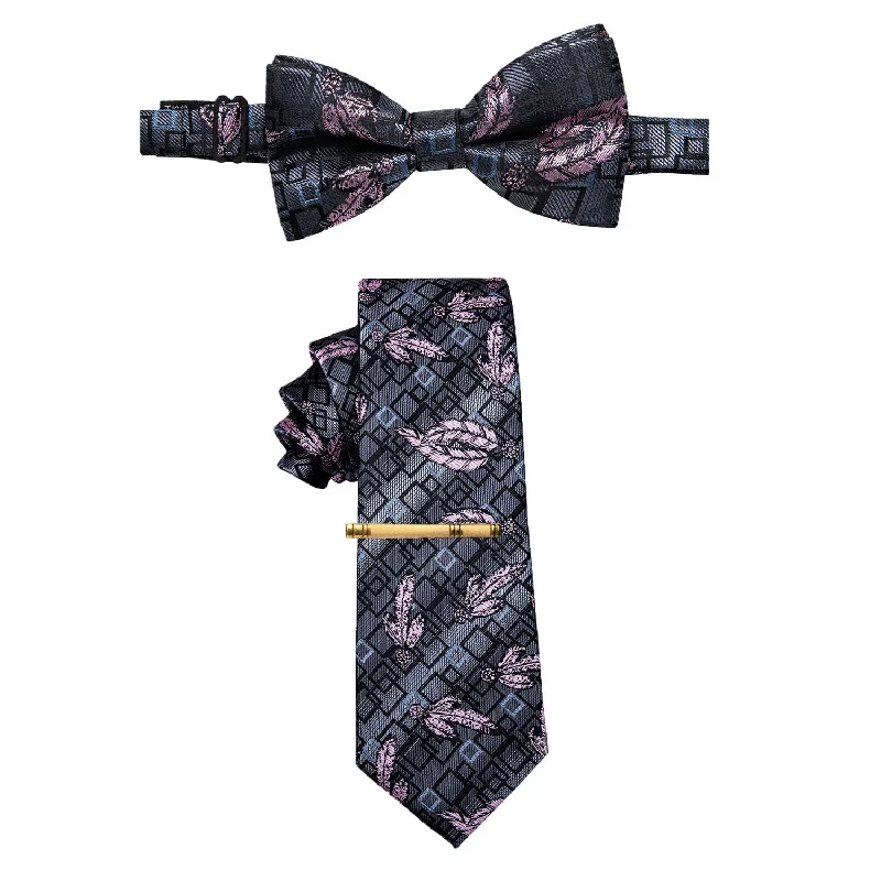 Designer tie for formal occasions with jacquard finish-YourTies Deep Grey Floral Pre-tied Bowtie and Necktie with Golden Tie Clip Set