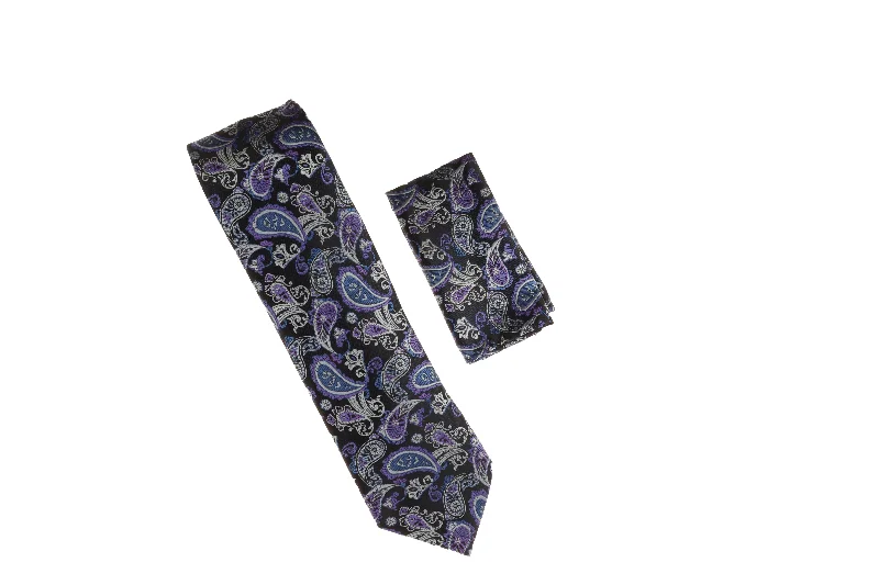 Men's tie for sophisticated corporate events-Black, Gray, Purple, and Blue Paisley Designed Necktie with Matching Pocket Square WTH-A101