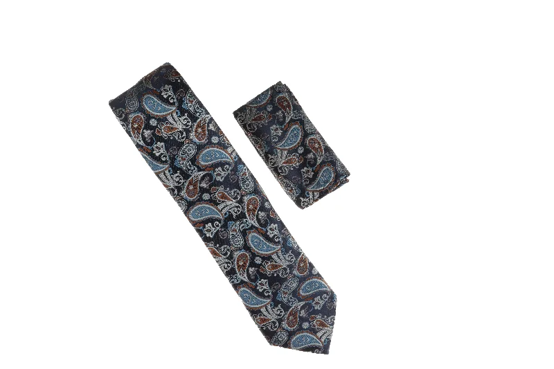 Elegant men's tie with light pastel colors for weddings-Blue, Gray, Silver, Light Blue, and Brown Paisley Designed Necktie with Matching Pocket Square WTH-A102