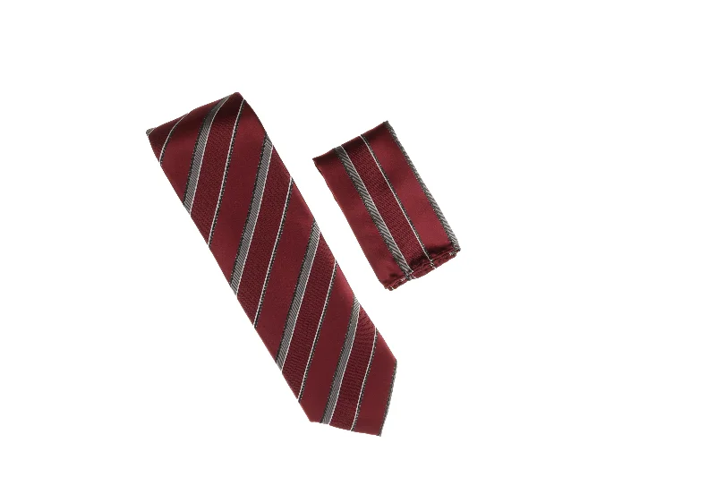 Stylish men's tie with colorful stripes for formal gatherings-Burgundy, Gray, and Black Stripes Designed Necktie with Matching Pocket Square WTH-A104