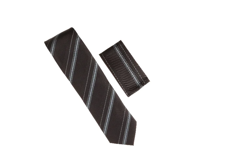 Men's tie with luxurious satin fabric for weddings-Black and Slate Blue Stripes Designed Necktie with Matching Pocket Square WTH-A107