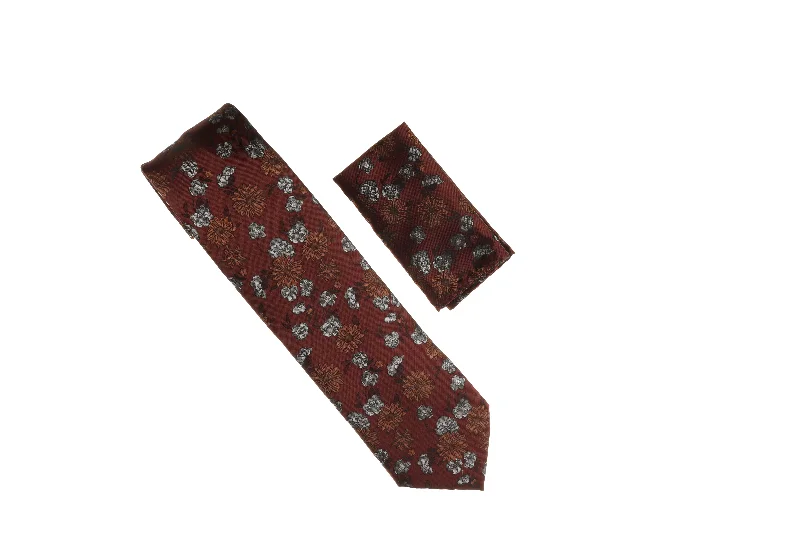 Classic men's tie for upscale gatherings-Brown, Gray, and Dark Brown Flower Designed Necktie with Matching Pocket Square WTH-A114