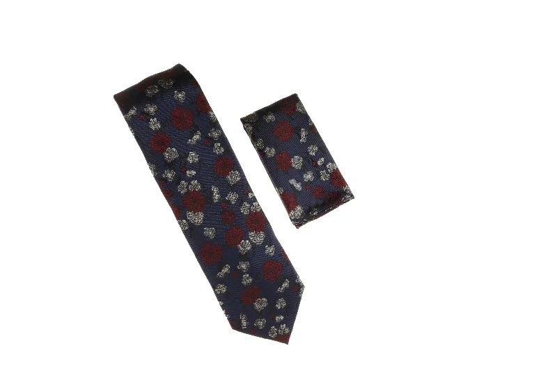 Men's tie for a smart casual look with sleek pattern-Dark Blue, Burgundy, and Gray Flower Designed Necktie with Matching Pocket Square WTH-A115