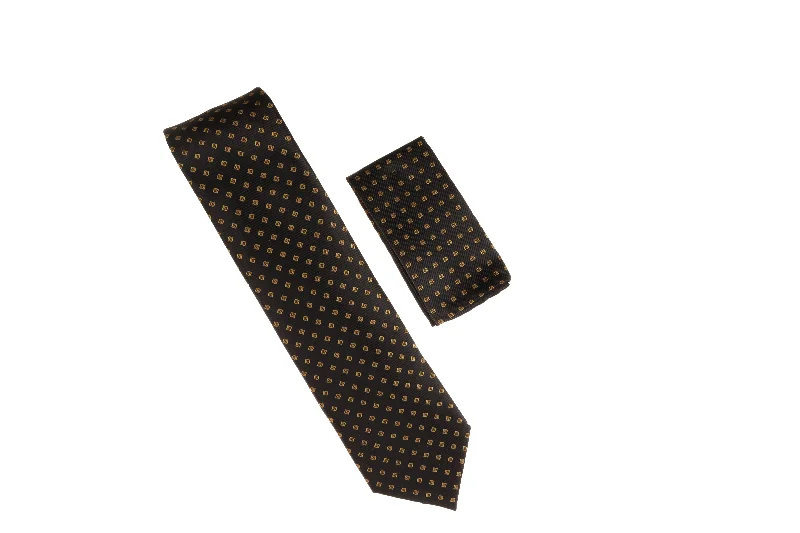 Designer men's tie for upscale social events-Black with Gold Mini Squares Designed Necktie with Matching Pocket Square WTH-A120