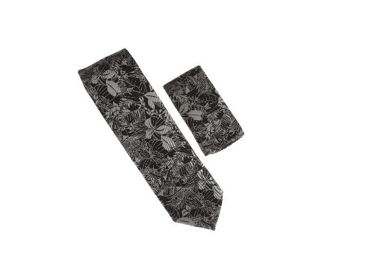 Best men's tie for a luxury corporate meeting-Black with Large Gray Leaf Designed Necktie with Matching Pocket Square WTH-A122