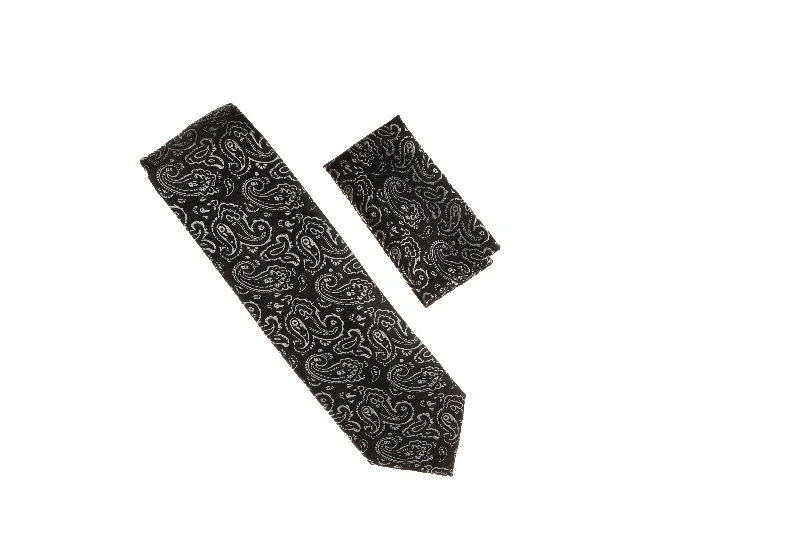 Men's tie with modern houndstooth print-Black with Paisley Designed Necktie with Matching Pocket Square WTH-A123