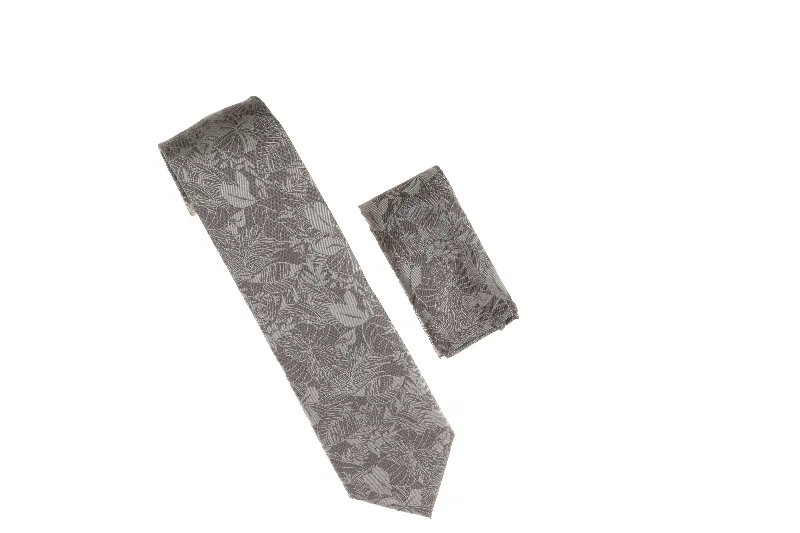 Men's tie with rich fabric for corporate functions-Gray and Dark Gray with Large Gray Leaf Designed Necktie with Matching Pocket Square WTH-A126