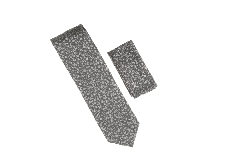 Best men's tie with sleek design for upscale meetings-Gray with Gray Mini Flower Designed Necktie with Matching Pocket Square WTH-A127