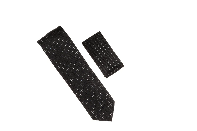 Men's tie with a classic plaid design for work-Black with Silver, Gray and Blue Mini Square Designed Necktie with Matching Pocket Square WTH-A128