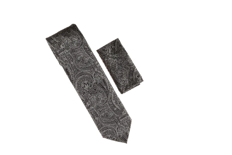 Men's tie for stylish office wear with vibrant hues-Black with Silver Designed Necktie with Matching Pocket Square WTH-A131