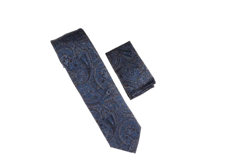 Designer silk tie for elegant office events-Blue with Light Brown Designed Necktie with Matching Pocket Square WTH-A133