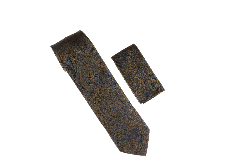 Designer men's silk tie for upscale occasions-Navy with Dark Gold and Green Designed Necktie with Matching Pocket Square WTH-A135