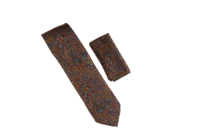 Men's tie for a professional look with sharp lines-Blue with Gold and Burgundy Designed Necktie with Matching Pocket Square WTH-A136