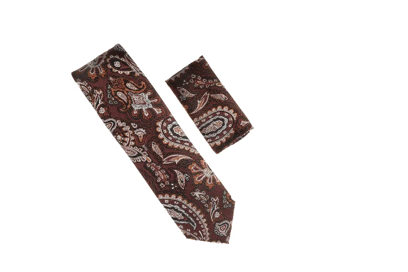 Men's tie with smooth satin finish for luxury occasions-Brown, Silver, and Light Brown Paisley Designed Necktie with Matching Pocket Square WTH-A143