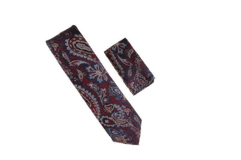 Men's tie with intricate design for upscale dinners-Burgundy, Light Blue, Navy, and Light Brown Paisley Designed Necktie with Matching Pocket Square WTH-A146