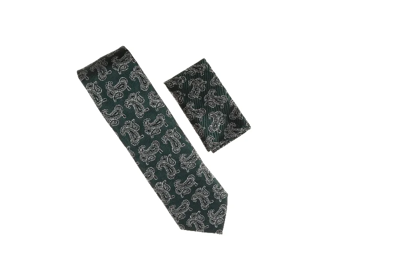 Best men's tie for business events with contemporary patterns-Forest Green with Gray and Navy Paisley Designed Necktie with Matching Pocket Square WTH-A155