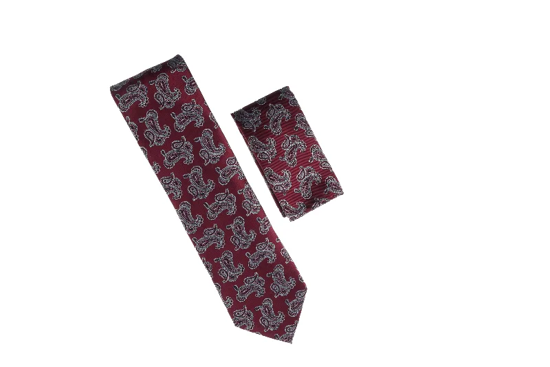 Trendy men's tie with fine texture for modern office wear-Burgundy with Gray and Navy Paisley Designed Necktie with Matching Pocket Square WTH-A156