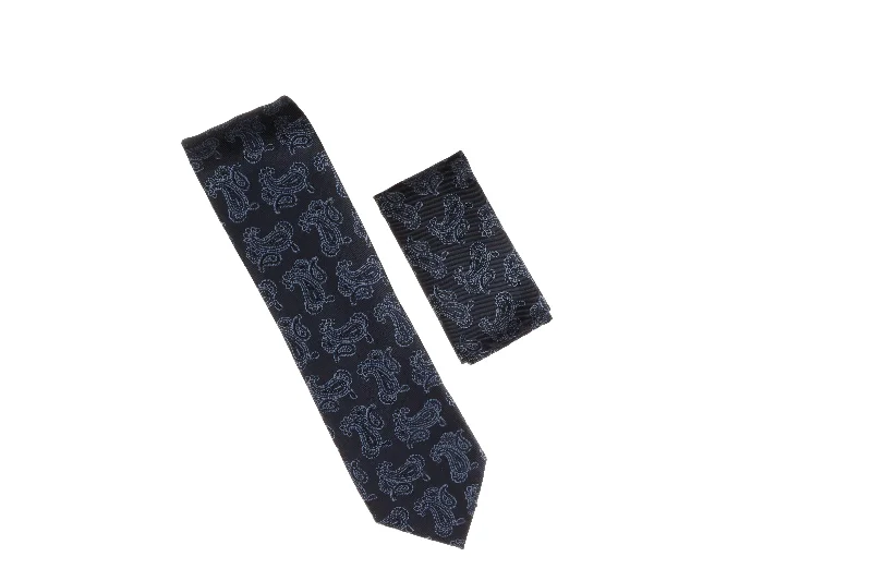 Stylish men's tie with fine houndstooth print for office wear-Navy with Blue Paisley Designed Necktie with Matching Pocket Square WTH-A157