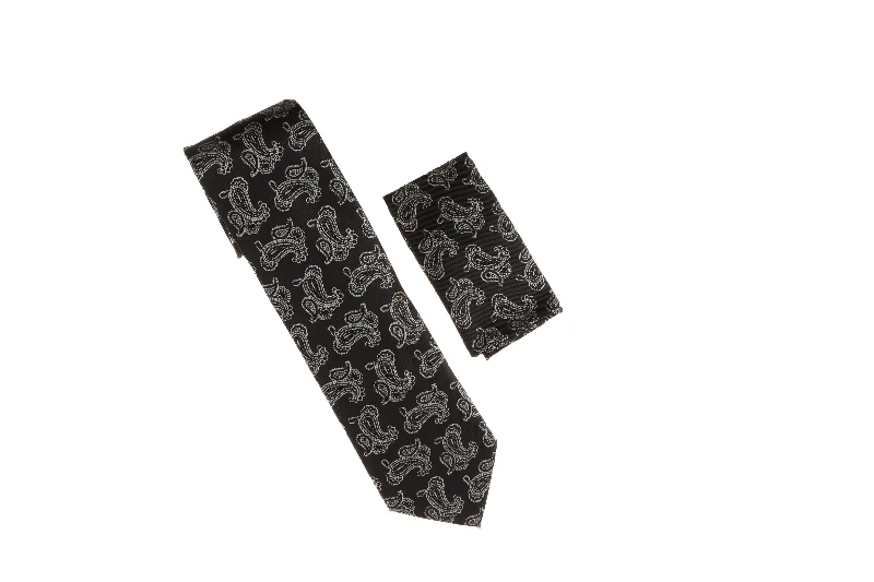 Men's tie for corporate events with modern design-Black with Grey Paisley Designed Necktie with Matching Pocket Square WTH-A158