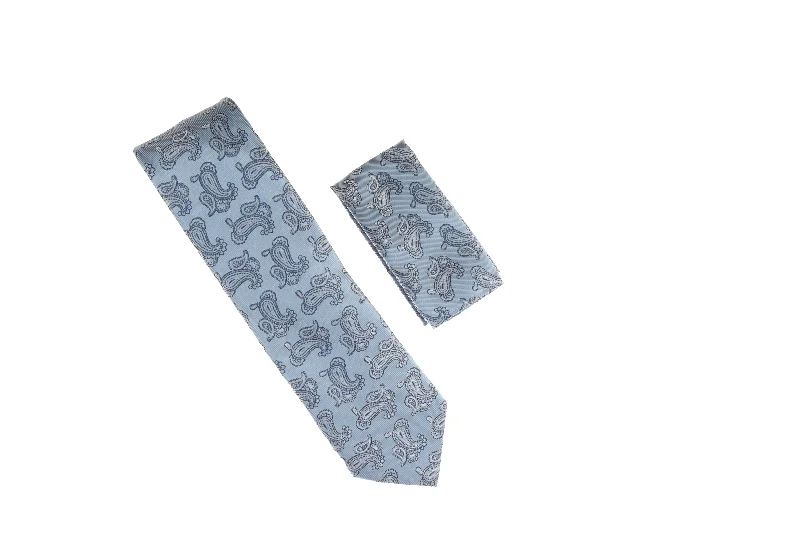 Men's tie with modern color blocking design-Baby Blue with Grey, Baby Blue and Navy Paisley Designed Necktie with Matching Pocket Square WTH-A159