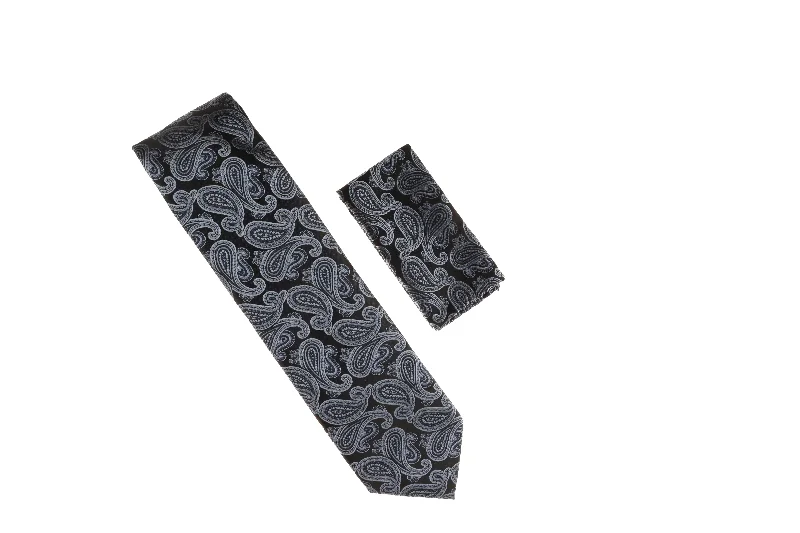 Men's tie with a classic paisley pattern for special occasions-Black with Grey, and Light Blue Paisley Designed Necktie with Matching Pocket Square WTH-A161