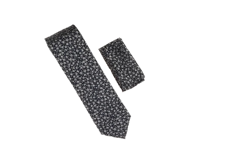 Men's tie for special occasions with modern design-Navy with Grey Flower Designed Necktie with Matching Pocket Square WTH-A162