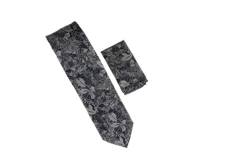 Men's tie with contemporary stripes for casual wear-Navy with Grey Large Flower Designed Necktie with Matching Pocket Square WTH-A163