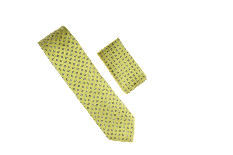 Stylish men's tie with vibrant hues for formal functions-Metallic Yellow with Blue Designed Necktie with Matching Pocket Square WTH-A164