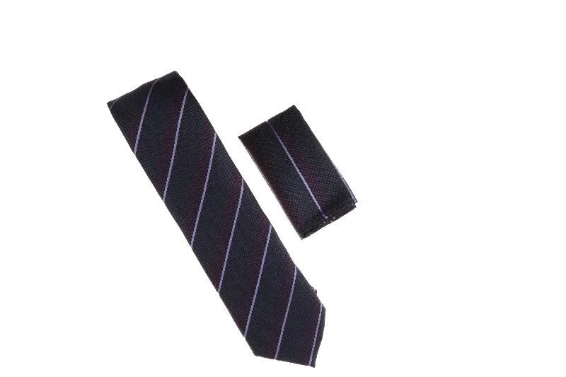 Best silk tie for professional meetings-Navy with Burgundy and Lavender Stripe Designed Necktie with Matching Pocket Square WTH-A170